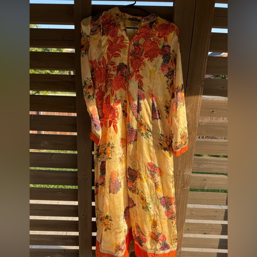 Ethnic Indian Wear Floral Long Sleeve Dress Pleated Kurtha Desi Orange Pink